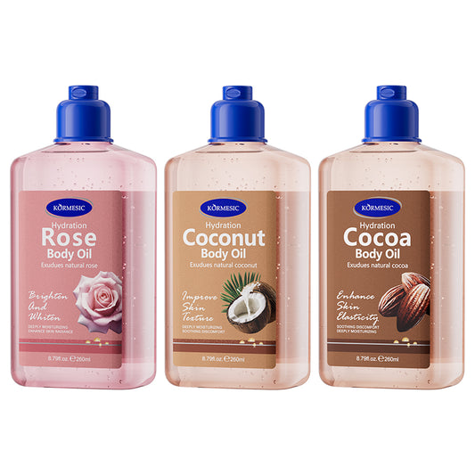 Far-A-We Cocoa Body Oil voor verzorging van de huid, flacon met bruine olie zichtbaar
